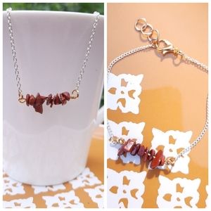 Red Jasper Agate Two Tone Bracelet & Necklace Bundle